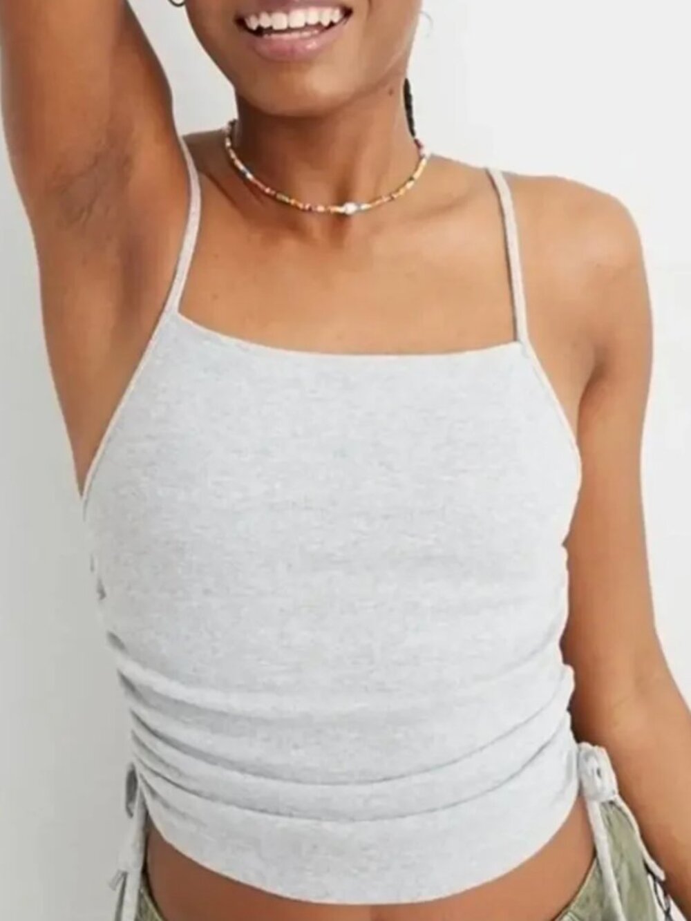 Aerie Square Neck Ribbed Side Ruched Tie Cropped Tank Top Cami Cream S